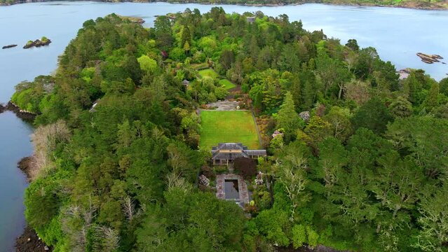 Ireland Epic locations drone evening view of Garnish island in Glengariff West Cork the jewel in Bantry Bay on a summer evening