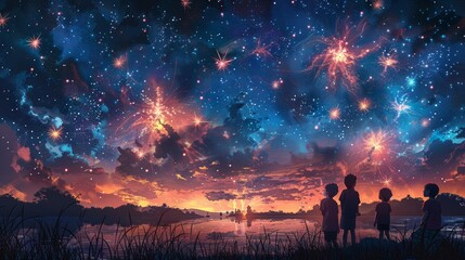 Fototapeta premium Vector art of children and their families enjoying a fireworks display at night. 