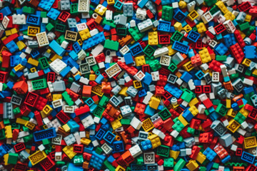 A chaotic yet colorful jumble of toy bricks, tightly packed to fill the entire frame. The bricks come in various sizes and an array of colors including red, blue, green, yellow, and white,