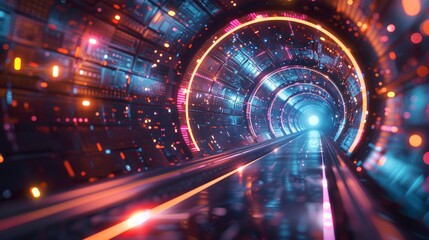 Abstract technology tunnel with glowing lights and data flow, futuristic innovation and AI theme