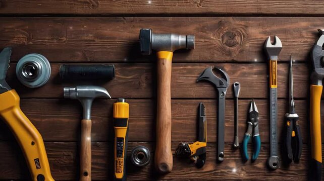 set of tools on wood background