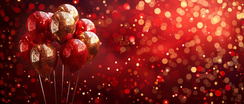 Birthday party with red and gold balloons, background festival celebration, carnival or party, vibrant red template