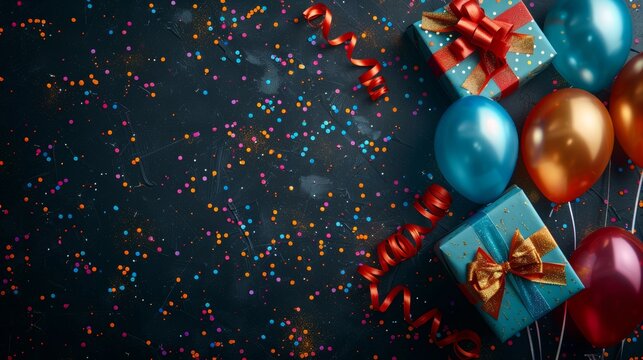 Black background, birthday party with LED lights, balloons, confetti, and colorful gift boxes, celebration decorations