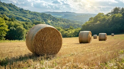 Spherical hay bales scattered across a harvested agricultural field on a bright sunny day