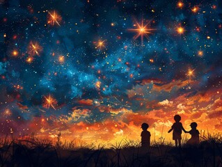 Fototapeta premium Vector art of children and their families enjoying a fireworks display at night. 