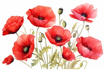 Fototapeta premium Watercolor painting of red poppies on white background.