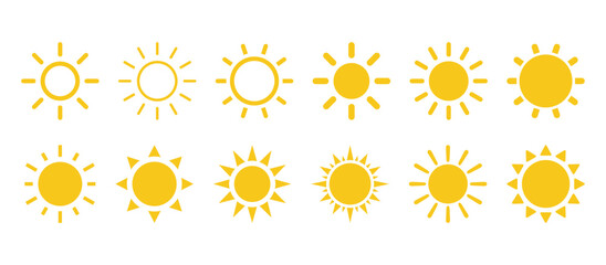 黄色のシンプルな太陽、暑い夏の天気のマーク、太陽光による熱中症、ベクターアイコンイラスト素材