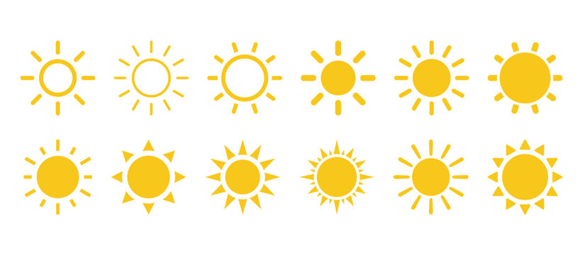 黄色のシンプルな太陽、暑い夏の天気のマーク、太陽光による熱中症、ベクターアイコンイラスト素材
