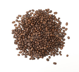 Pile of roasted coffee beans isolated on white, top view