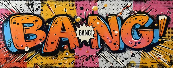 Comic book style artwork with 'Bang' speech bubble in vibrant colors
