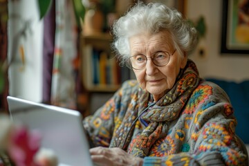 Elderly woman learning to use a laptop computer