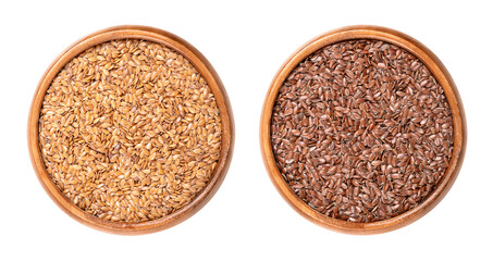 Golden and brown flax seeds in wooden bowls. Whole common flax or linseed, Linum usitatissimum, rich in omega-3 fatty acids, used as a nutritional supplement, or for linseed oil. Isolated, food photo.