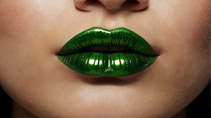 Obraz premium Extreme Close-Up of Woman's Bright Green Lips, Vegan lipstick or makeup concept 