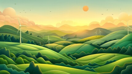Obraz premium ESG landscape with wind turbines, green sustainable energy, abstract hills, lush scenery