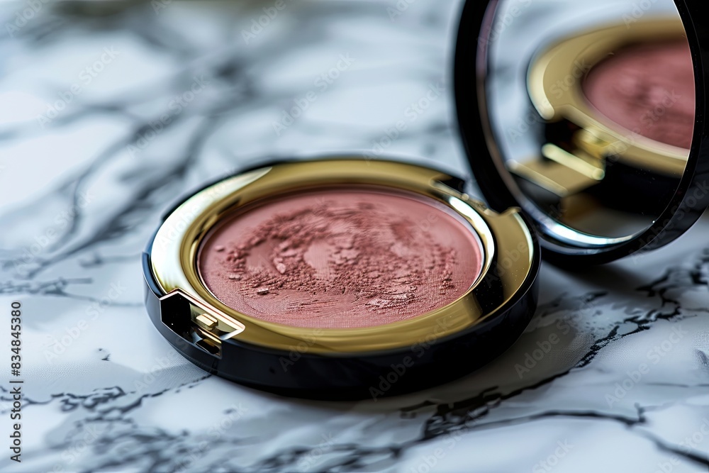 Aufkleber a close-up image of a compact blush with a gold trim, resting on a marble surface. generative ai