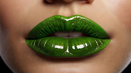 Extreme Close-Up of Woman's Bright Green Lips, Vegan lipstick or makeup concept
