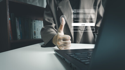 Touching screen to fingerprint scanner, password and username for access data of laptop, security...