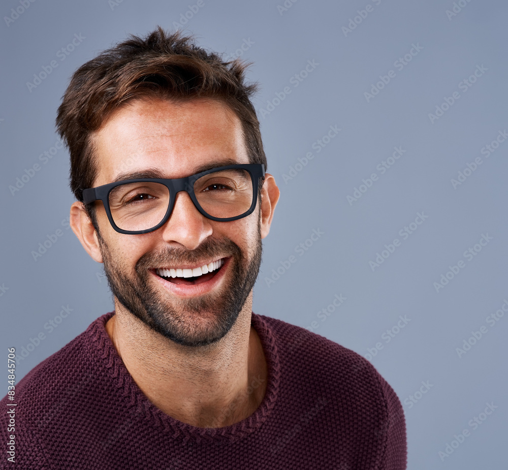 Aufkleber portrait, smile and man on studio background for startup business with smart and intelligent face. c