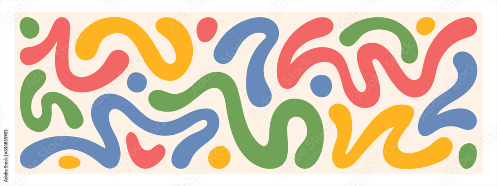 Fototapete groovy hippie 60s abstract illustration. fluid organic shape colorful blobs, squiggles, wavy doodle 
