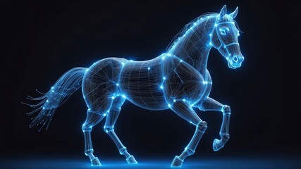 Digital polygon wireframe horse, composed of blue glowing lines and points, with a high-tech appearance