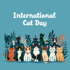 Whimsical Illustration of Diverse Group of Cartoon Cats Celebrating International Cat Day with Greenery