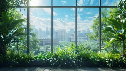 Office window view of sustainable city, eco green workplace background, lush urban plants