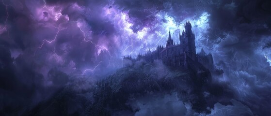 Ominous dark clouds and lightning, roaring thunder, distant castle, horror movie atmosphere