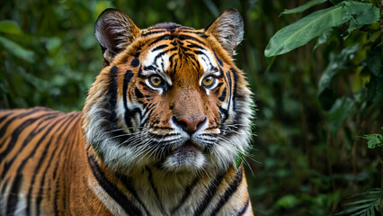 tiger portrait with intense stare in its natural jungle habitat