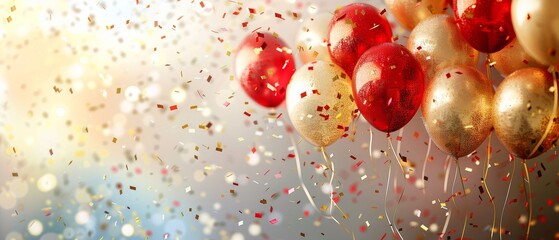 Red and gold balloons with confetti, background celebration theme, carnival or party, vibrant and colorful
