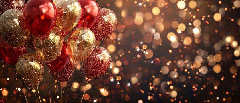 Red and gold balloons with sparkles, background carnival celebration, birthday or festival, vibrant party banner