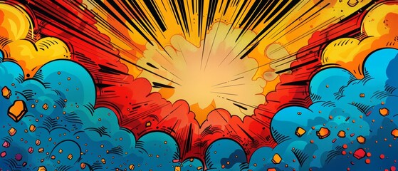 Superhero party invitation with comic book elements, vibrant explosion background, speech bubble for details