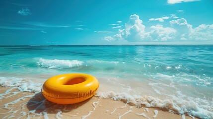 Obraz premium Yellow inflatable ring floating along sandy beach. Tropical sea coast. Summer vacation at the ocean