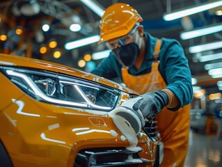 Worker in orange suit buffs car