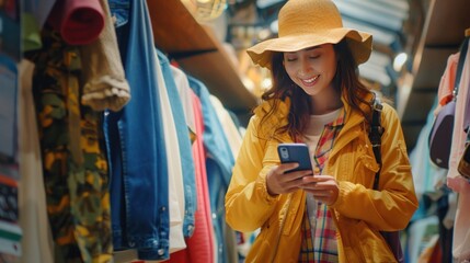Obraz premium Elegant young woman, gleaming with delight, explores a virtual fashion paradise, clutching her purchases.