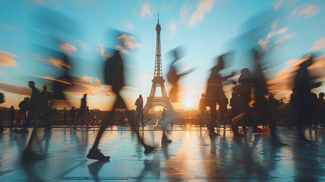 Blurred motion of people running, Eiffel Tower standing tall in the background, cinematic scene
