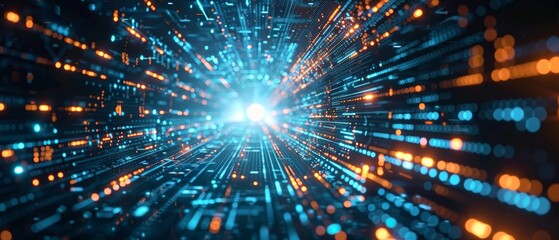 Abstract technology tunnel with futuristic lights and data streams, innovation and AI concept