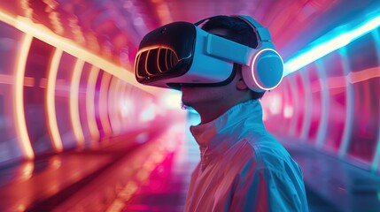 vr simulation man in the colorful artificial c, the time of technology and artificial intelligence
