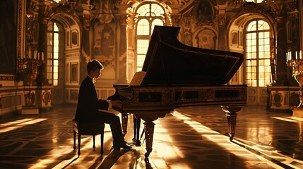 A classical pianist plays in a candlelit Baroque hall, with shadows dancing on ornately decorated...