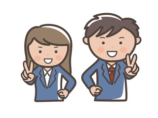 笑顔でピースをする男女ビジネスマンの上半身イラスト_紺スーツ