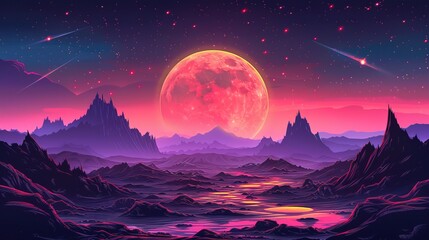 Fototapeta premium Retro cyberpunk style landscape background banner moon mountain flat area