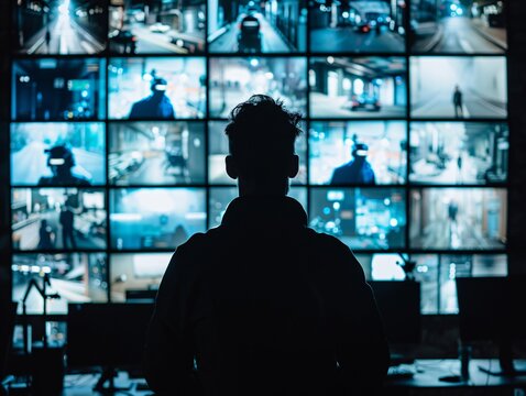 Man monitoring numerous tv screens