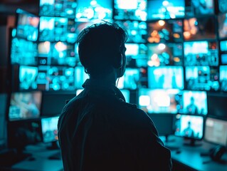 Man standing in front of array of tv screens