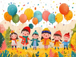 Vector design of a Children's Day parade with kids in costumes and floats. 
