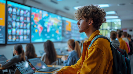 tudents in an AI data science class, using digital screens to display global maps and charts on the wall