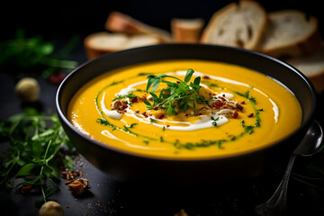 butternut squash soup, creamy, savory soup, butternut squash. generative ai