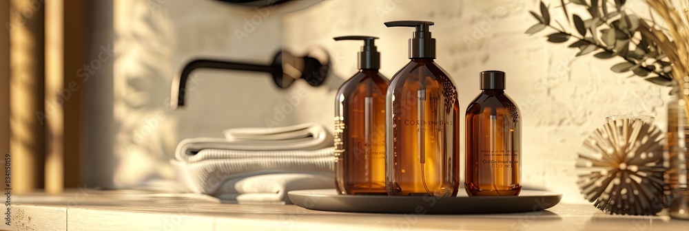 Poster three bottles of shampoo and conditioner in amber glass on a bathroom counter. generative ai