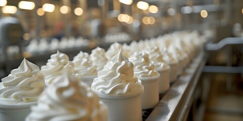 Factory produces dry products like sour cream sour milk and yogurt. Concept Dairy Products Manufacturing, Sour Cream Production, Milk Processing Factory, Yogurt Production, Dairy Industry
