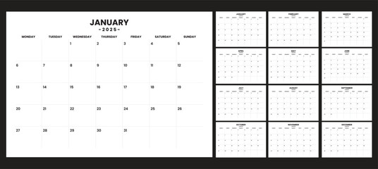 Simple set calendar 2025, start on monday