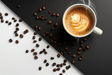 A cup of coffee with beans and a cup filled with coffee beans surrounded