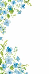 forget me not themed frame or border for photos and text.with small blue flowers and green leaves. watercolor illustration,  white color background. 
